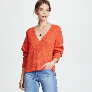Free People Coco V-Neck Chunky Cable Knit Twist Sweater Bright Tangerine Cotton